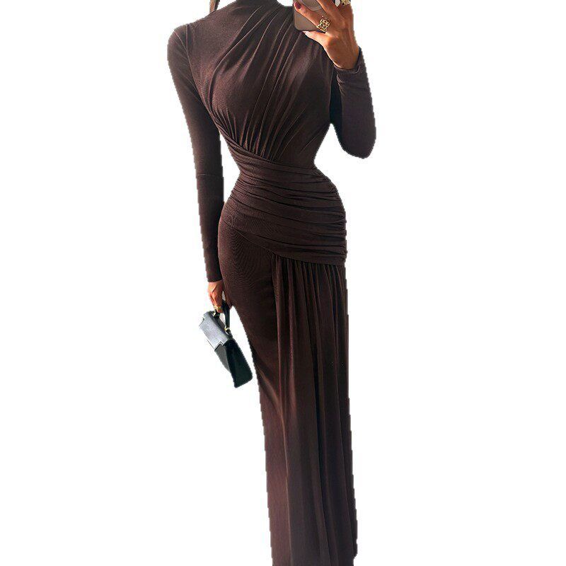 2025 European and American Style Autumn and Winter New Fashion Solid Color Round Neck Long Sleeve Pleated Slim Fit Bodycon Dress