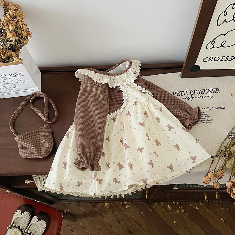 Платье для девочек 2024 года, осеннее милое платье в западном стиле с цветочным принтом