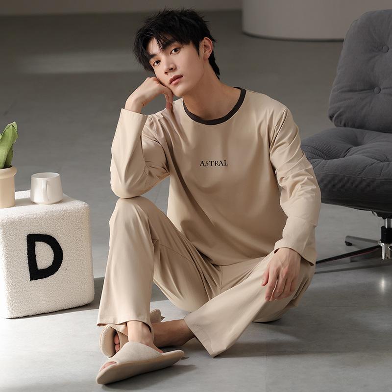 Тип Пижамный костюм из чистого хлопка на осень-зиму для мужчин с длинными рукавами из хлопка, комплект домашней одежды для мужчин, мягкая домашняя одежда для мужчин