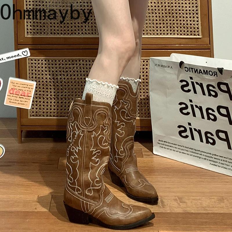 Мода вышивка женские ковбойские сапоги в стиле вестерн модные длинные сапоги рыцаря с застежкой на квадратном каблуке осенне-зимняя обувь