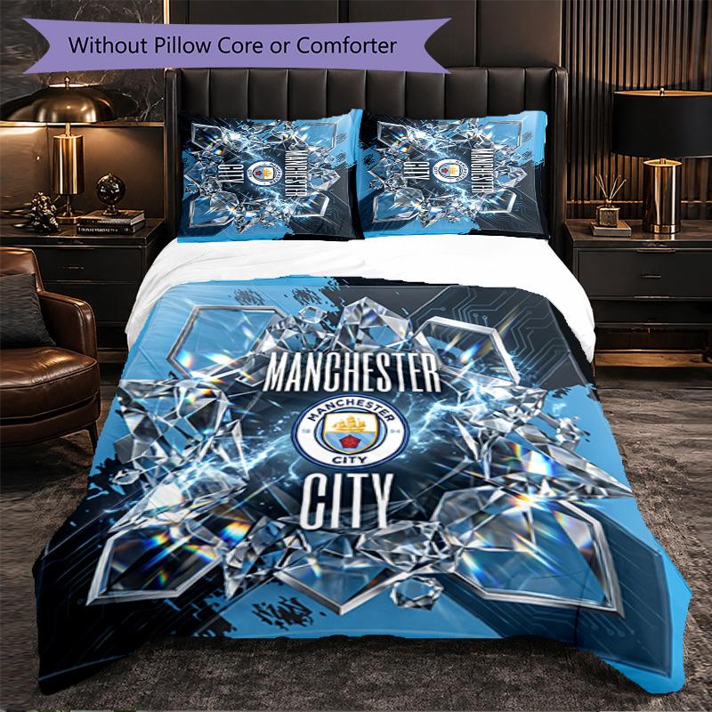 Manchester City Pattern 3 Pieces Bedding Set Soft Microfiber Duvet Cover with Pillow Cases for Bedroom
