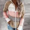 Women Fashion Zip Up Cardigan Tops Casual Patchwork V-Neck Long Sleeves Hooded Sweater Blouse Nap