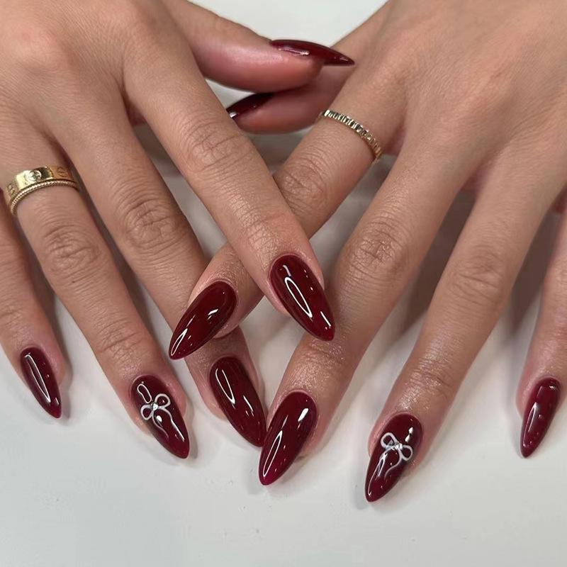 24 Pcs Wine Red Almond Press On Nails Medium Length Full Cover False Nail Tips Simple Wearable Manicure