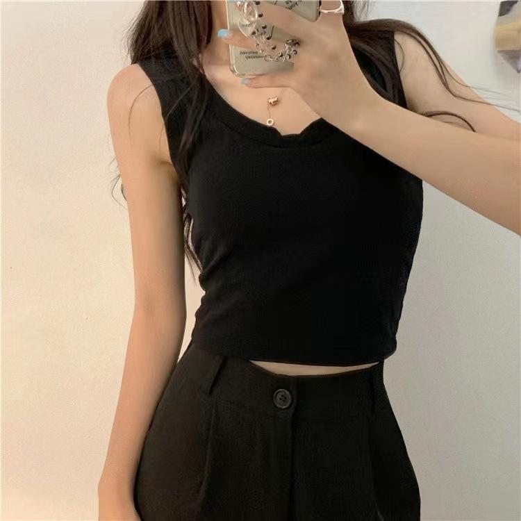 Korean Style Pure Cotton Camisole Vest Fixed Cup with Chest Cushion Sleeveless Short Top for Wearing on The Outside and On The Inside