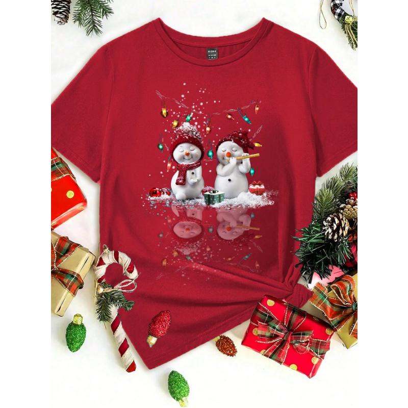 Футболка свободного кроя с круглым вырезом и коротким рукавом с рисунком снеговика в виде рождественского милого 3D-принта для женщин, летняя, из хлопковой смеси