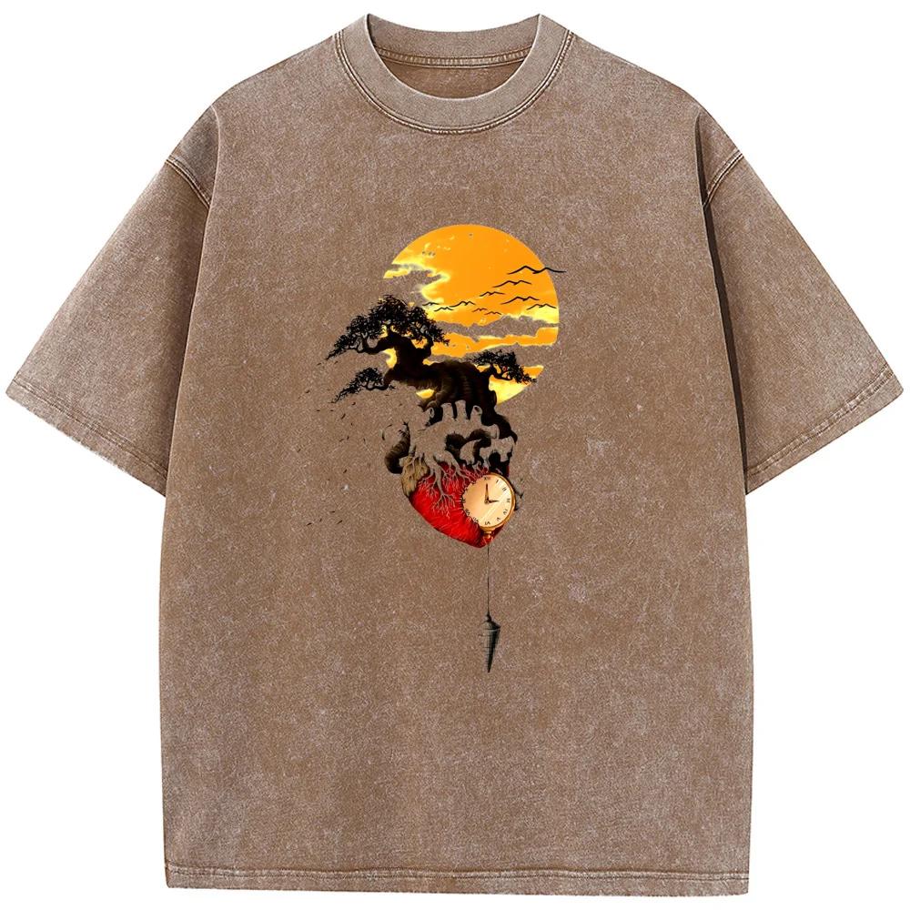 Время Заката Гора Мужская Женская Выстиранная Футболка Хлопок Смешная Свободная Отбеленная Футболка Ретро Отбеленная Футболка Топы Футболка
