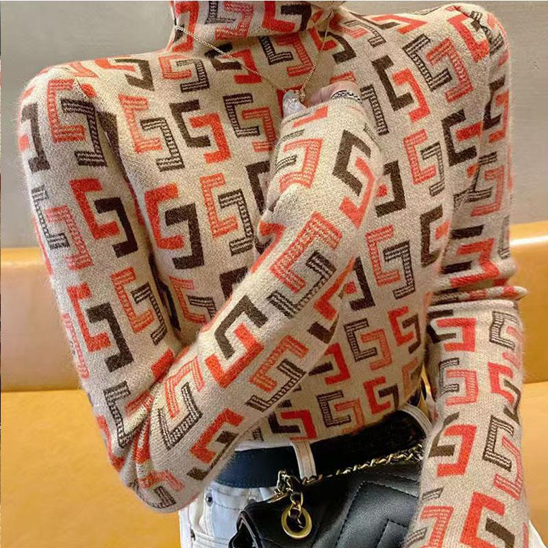 Базовая рубашка с высоким воротом для женщин, осень и зима, новый пуловер с принтом, облегающий крой, тонкая и теплая футболка, внутренний топ