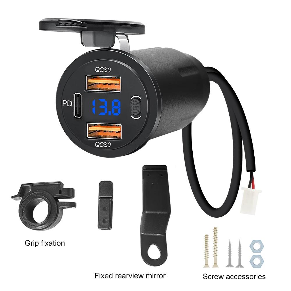 3 в 1 Цифровое зарядное устройство для мотоцикла PD+QC3.0 Двойной USB Быстрая зарядка Розетка Питания Порт USB Type-C Адаптер Питания Водонепроницаемый