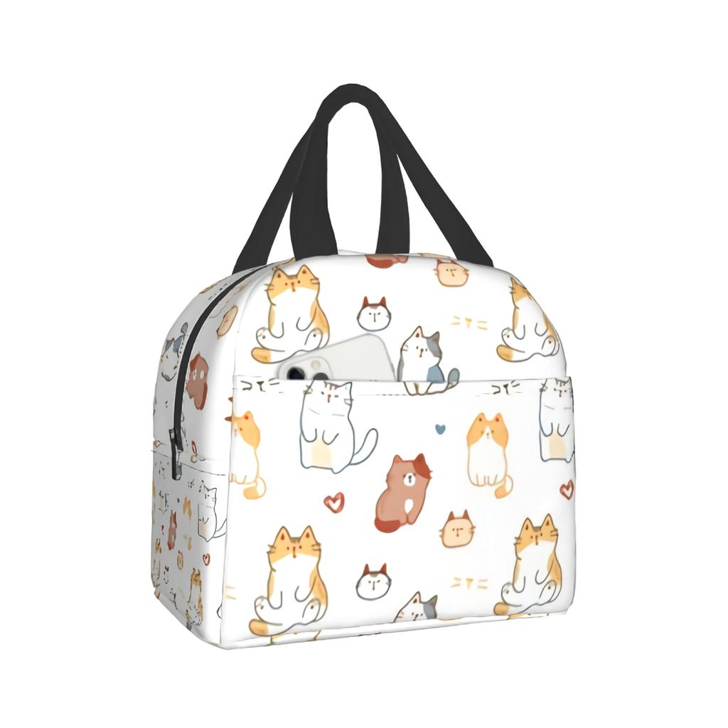 Cartoon Cat Design Portable Insulated Lunch Bag Waterproof Cute Kitten Animal Pattern Tote Bento Bag Lunch Tote