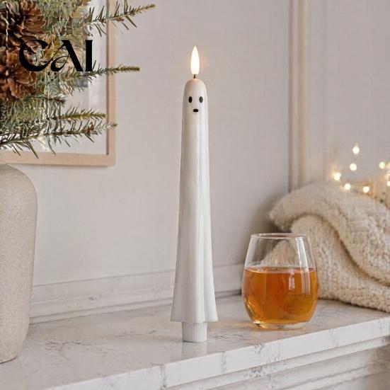 White Wax Ghost Shaped Candles Halloween Flameless Taper Candles, Battery Operated Flickering Candle Light with Safe for Kids Remote, Real 3D Wick LED