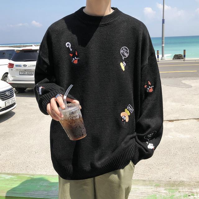 Мужской мультфильм вышивка легкий свитер вязание без подкладки верхняя одежда свободное пальто