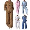 2 Pcs/Set Women Plus Size Shirt Trousers Set Solid Color Long Sleeves V Neck Blouse High Waist Loose Wide Leg Pants Set Casual Commute Outfit
