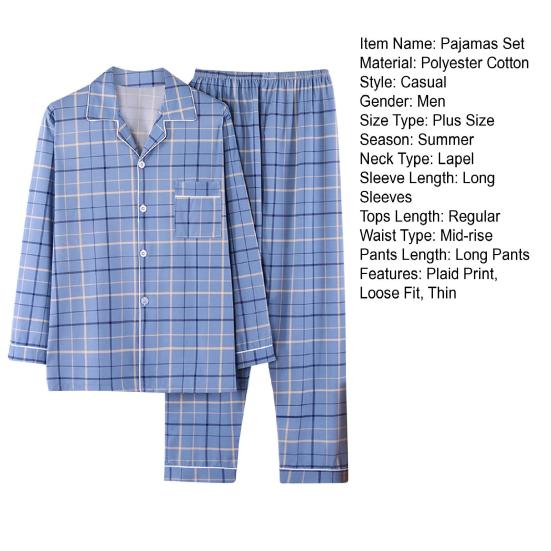 Комплект мужской пижамы из 2 предметов: топы с лацканами и длинными рукавами на пуговицах, эластичные брюки, комплект для сна с клетчатым принтом