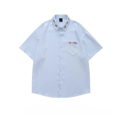 Женские рубашки с вышивкой в виде цветов и букв, ленивый стиль, вафельная рубашка с отложным воротником, однотонная, с коротким рукавом, летняя одежда