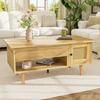 Elegant coffee table with liftable tabletop and rattan doors, wood color with black accents, ideal for the living room