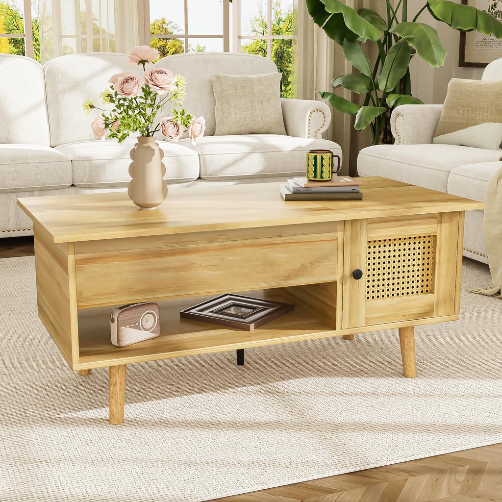 Elegant coffee table with liftable tabletop and rattan doors, wood color with black accents, ideal for the living room