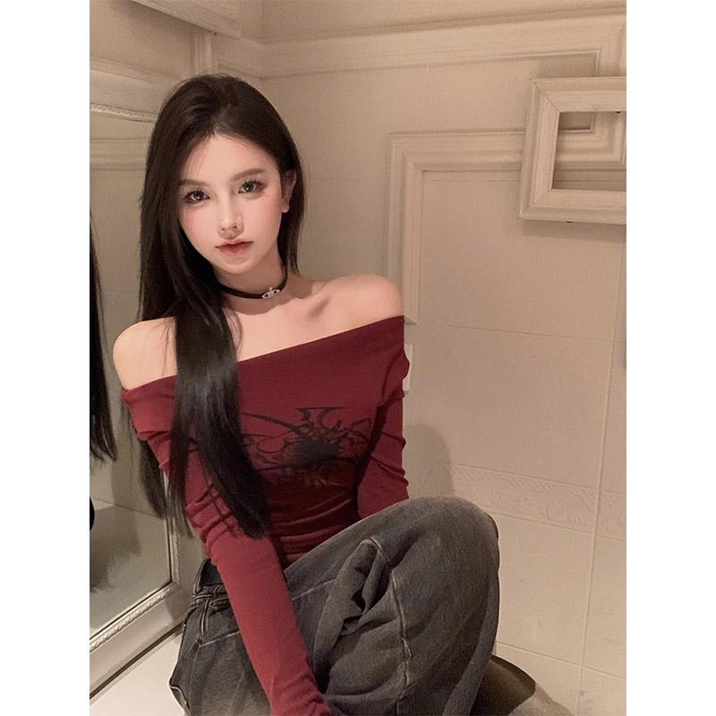 Женские топы с длинным рукавом и открытыми плечами Y2k Vintage, уличные укороченные топы в корейском стиле, осенняя футболка