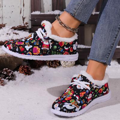 Новинка осени и зимы, рождественские ботинки большого размера с меховым воротником, утолщенным флисом и универсальные теплые хлопковые туфли с плоской подошвой и круглым носком