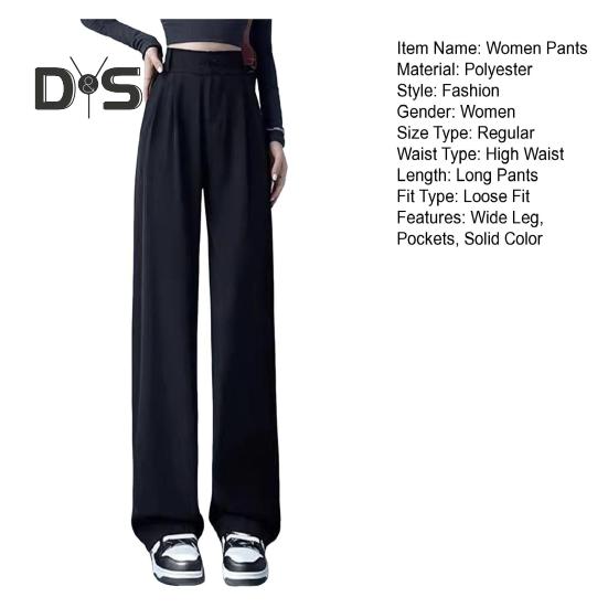 Women Pants High Waist Straight Wide Leg Trousers with Pockets Button Zipper Fly Solid Color Loose Fit Suit Pants Work Wear