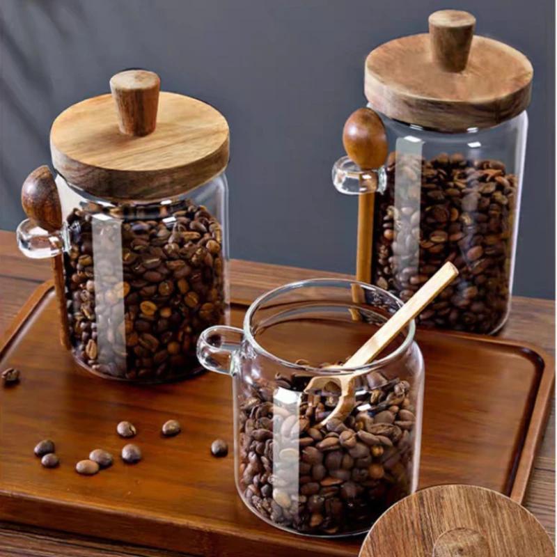 Kitchen Glass Jar Grains Coffee Beans Tealeaf Storage Containers with Wood Spoon Lid Clear Spice Jar Moisture-proof Storage Tank