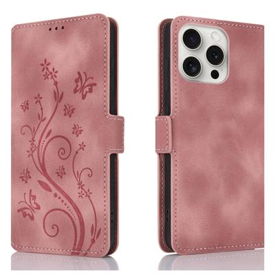 Чехол для iPhone 15 Pro Max Dreamy Butterfly Love Flower из тисненой кожи (Розовое золото)