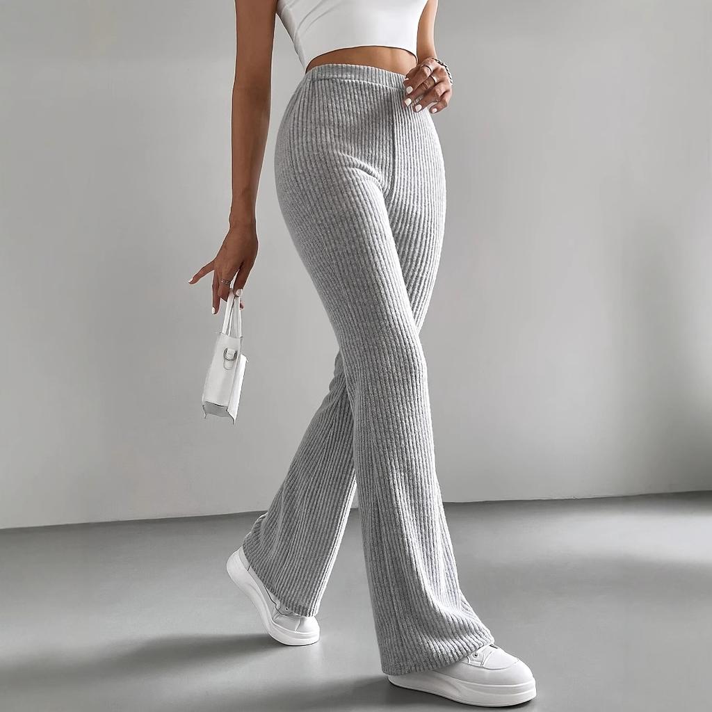 Womens Bell Bottom Pants  Casual Elastic Waist Trousers Solid Color Ribbed Knit Flare Pants