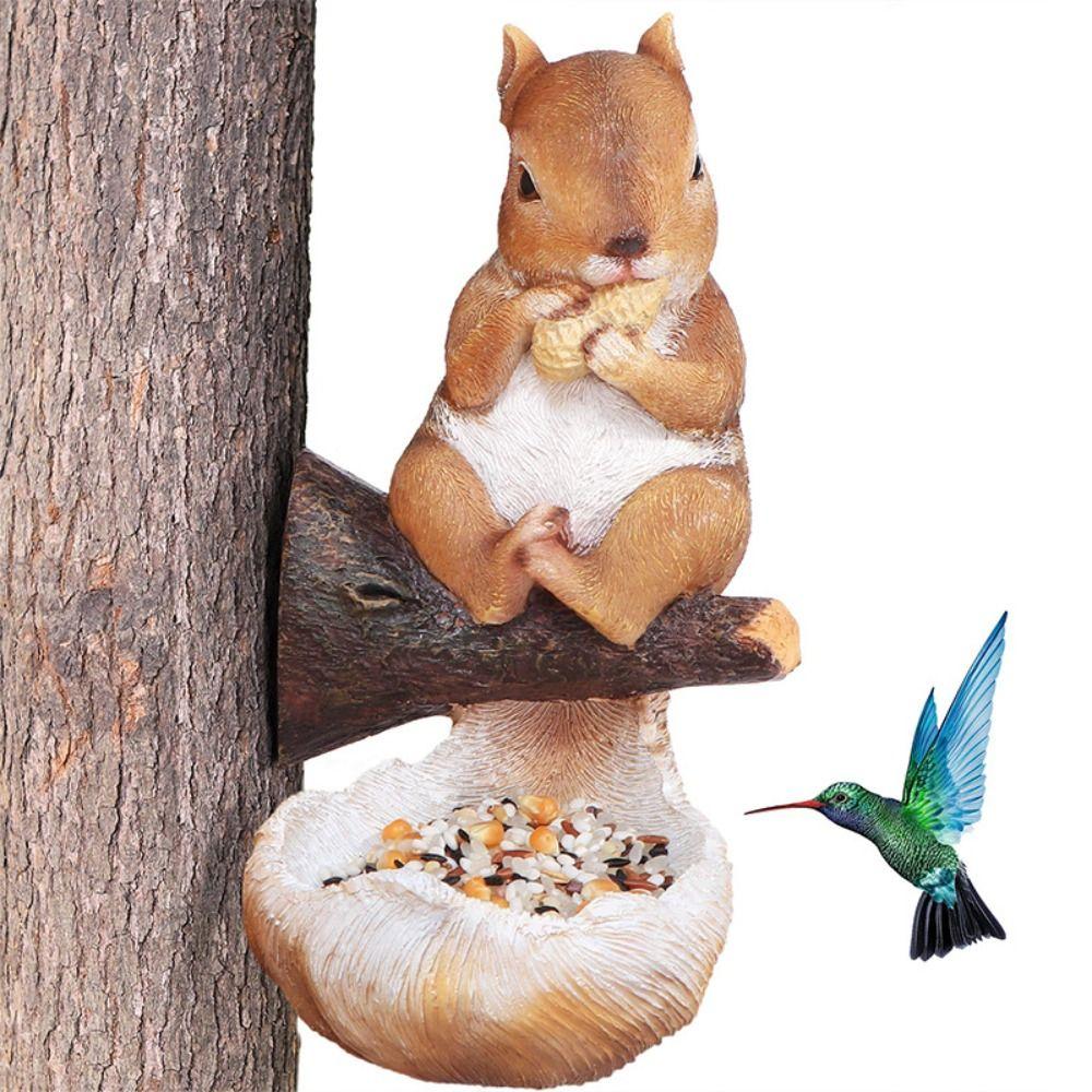 Resin Bird Feeder Cute Art Statue Multi Functional Squirrel Tree Hanging Micro Landscape