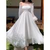 Elegant Maxi Dresses For Women White Off Shoulder Puff Long Sleeve Elastic High Waist Party Gown Ruffle Holiday Dress