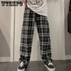 Женские длинные брюки на весну и лето, винтажные повседневные брюки с высокой талией и широкими штанинами, свободные клетчатые брюки в полоску с эластичной резинкой на талии, универсальные уличные прямые брюки