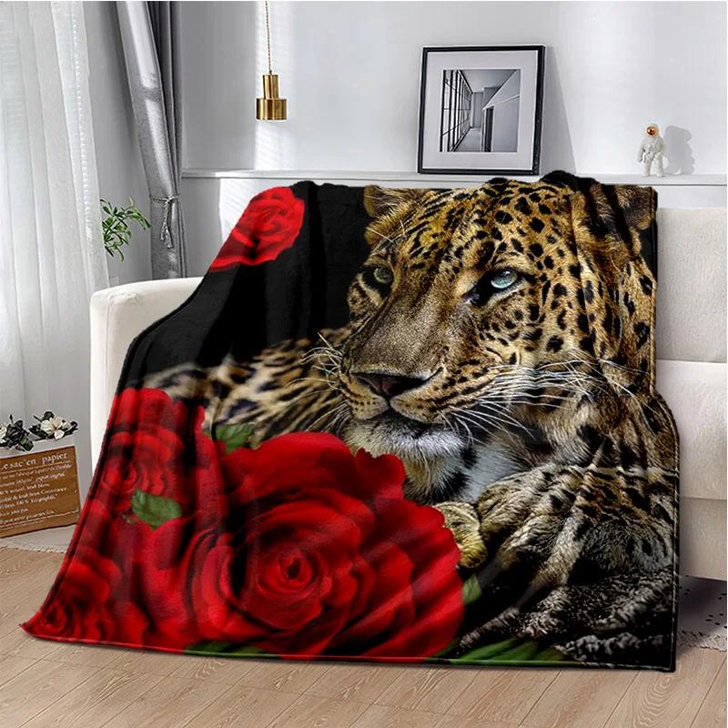 Plush Fleece Beast Animal Roses and Leopard Cheetah Throw Blanket Home Bedroom Bed Sofa Picnic Travel Cover Kid Soft Blanket