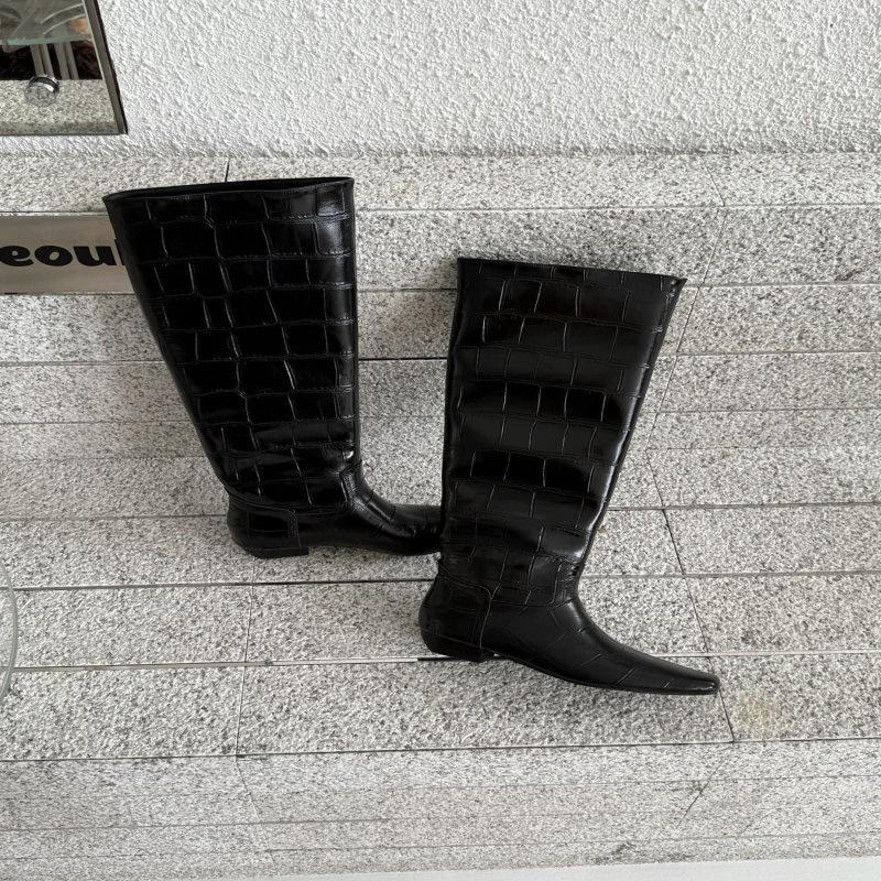 European and American style crocodile pattern square head high boots women's summer heightening knight boots slim boots