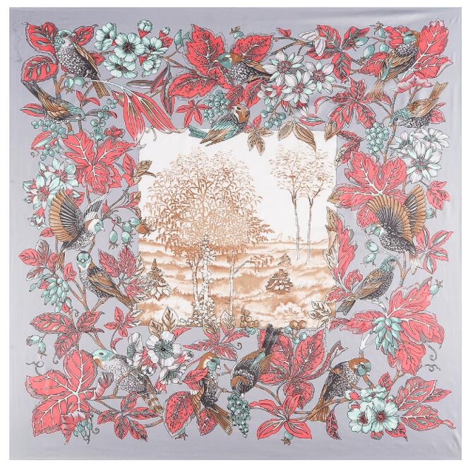 130cm*130cm High Quality Large Square Scarves Shawls Luxury Brand Bohemian Flowers and Birds Twill Silk Scarf For Women Headband