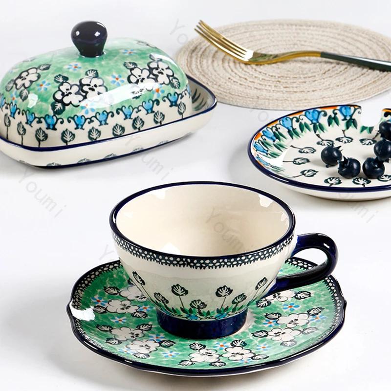 Творческие расписные керамические миски для послеобеденного чая, высокие ножки, фруктовые салатницы, изысканные блюда, тарелки, изысканная домашняя посуда