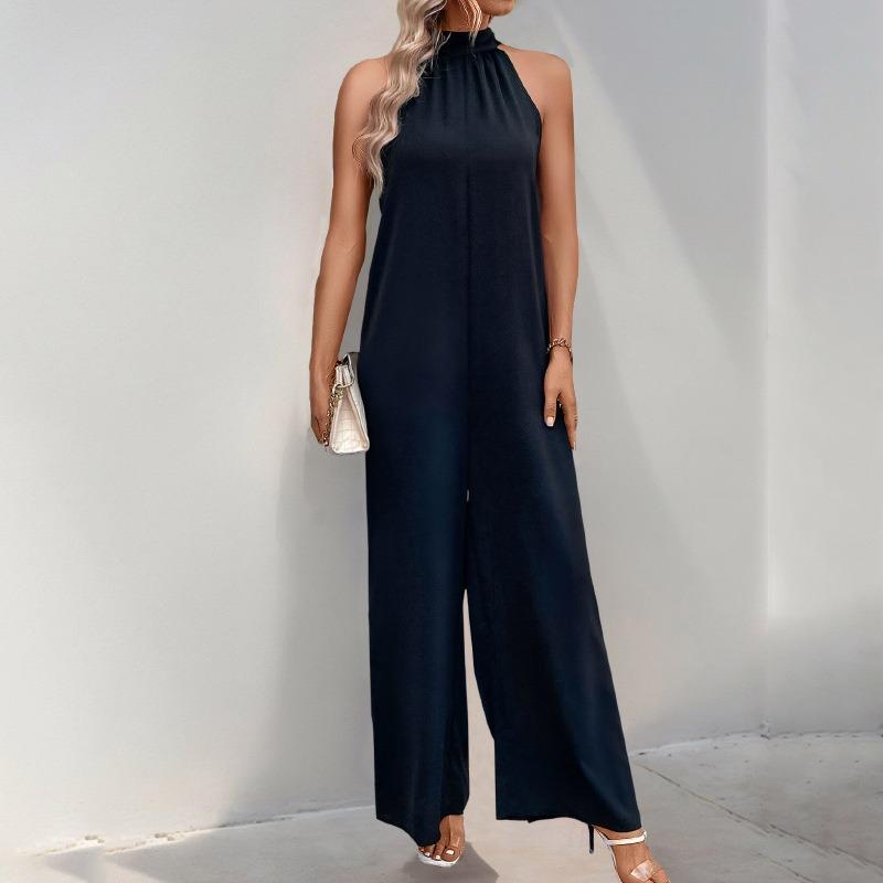 Women's New Party Casual Jumpsuit High Neck Hanging Neck Solid Colour Wide Leg Jumpsuit Trousers