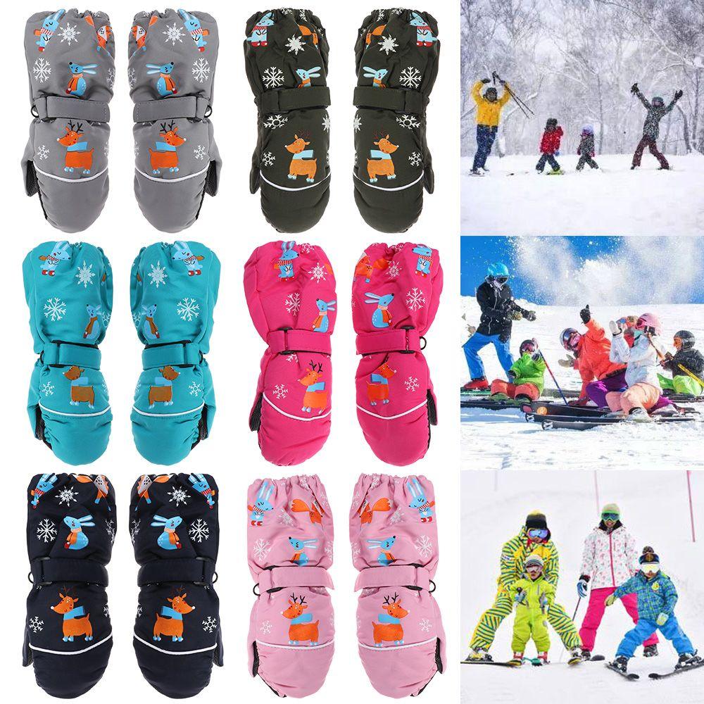 Deer Rabbit Print Cartoon Non-slip Long-sleeved Mittens Children Ski Gloves Windproof Thick Warm