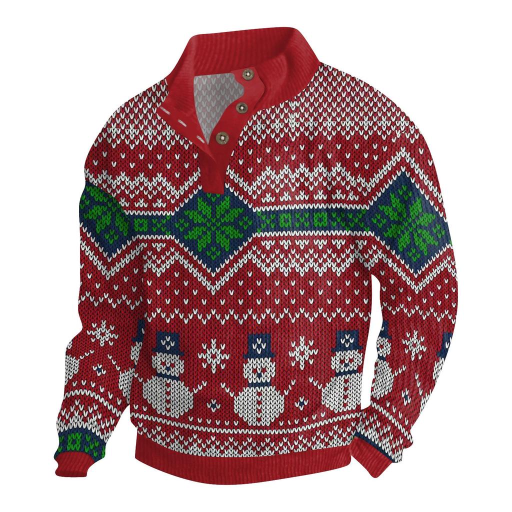 Men's Christmas Cotton Pullover Long Sleeve Outdoor Shirt Vintage Corduroy Button Stand Collar Shirt Casual Sweatshirt Christmas Print Top