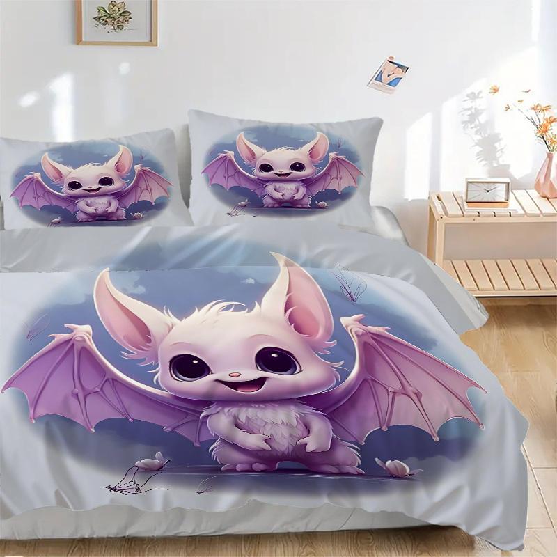 3pcs Cute Purple Bat Quilt Cover Set - Soft and Cozy Bedroom, Guest Room and Dorm Decorative Bedding 3-Piece Set 1 Quilt Cover + 2 Pillow Shams.H