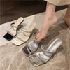 B639-1 Rhinestone Square Head Thick Heel Cool Slippers Women's 2025 New Outer Wear High Heels