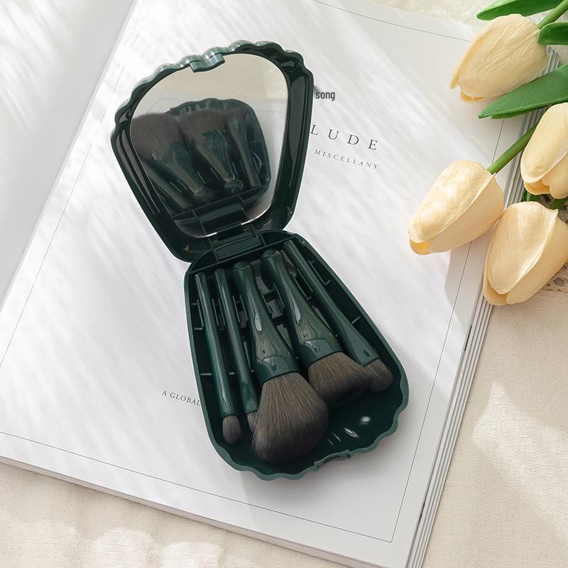 Portable 5-Piece Shell Makeup Brush Set with Mini Mirror