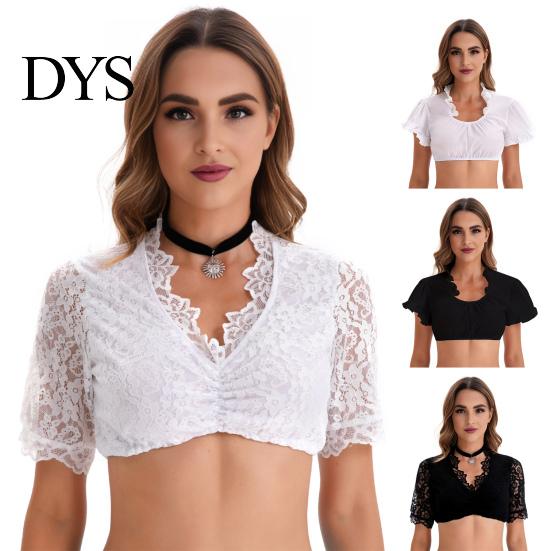 Женская блузка с коротким рукавом, традиционная немецкая блузка Dirndl, кружевная укороченная летняя повседневная футболка, баварский народный костюм для Октоберфеста, укороченный топ