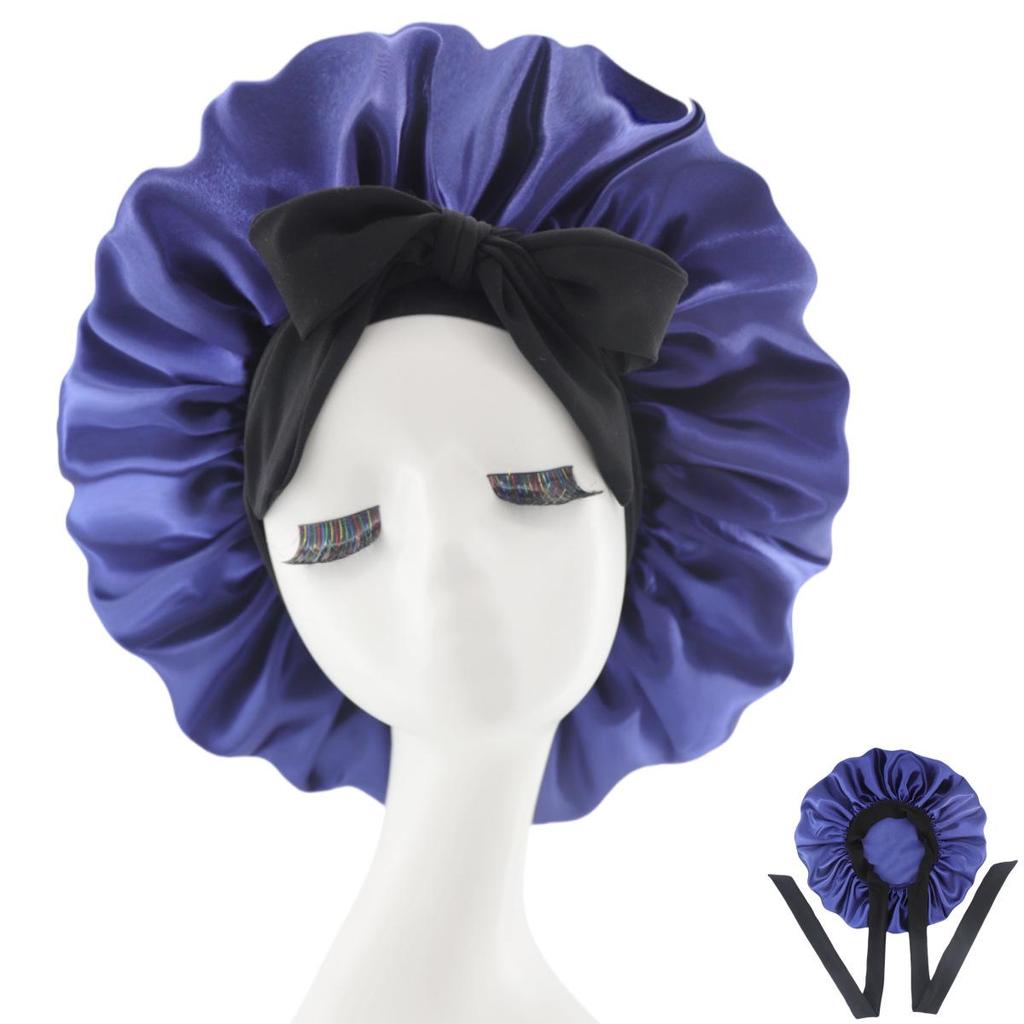 Silk Satin Sleep Cap with Ribbon Bow for Women - Elastic Wide Brim Bath Headscarf Hat for Hair Care