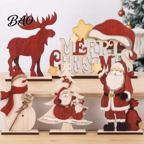 Christmas Desktop Centerpieces Nordic Ornaments, Wood Reindeer Santa Claus Snowman Figurine, Rustic Wooden Seasonal Ornaments Decoration for