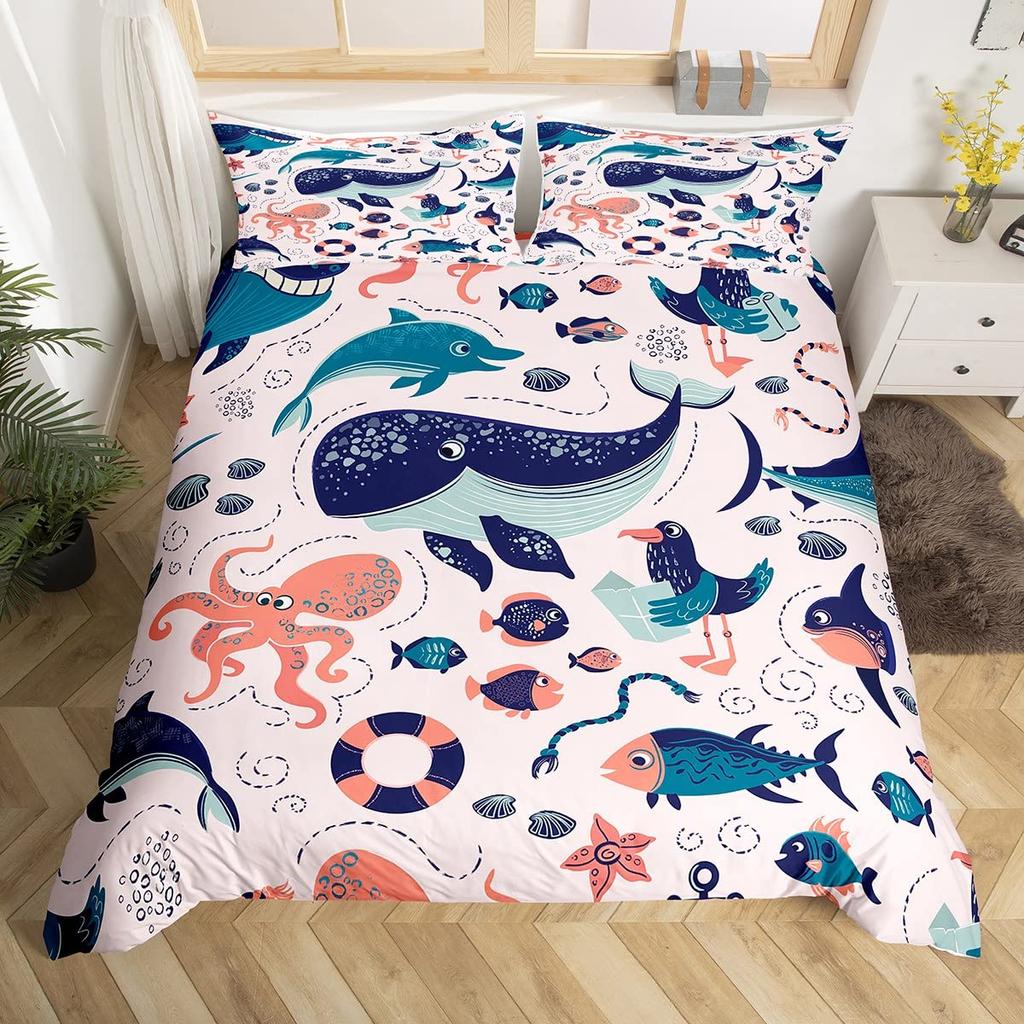 Cat Duvet Cover Set Watercolor Whale Fishing Bedding Set Ocean Sea Wave Comforter Cover Marine Nautical Themed Bedspread Cover