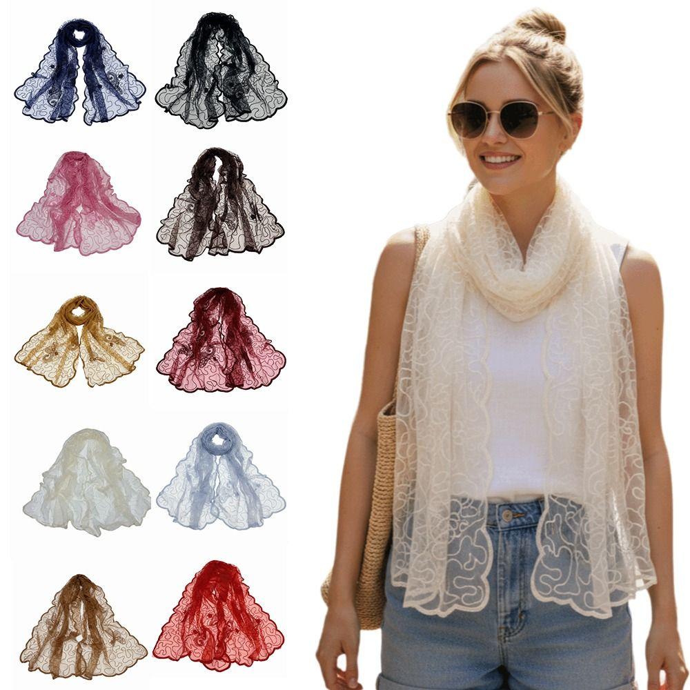 Элегантный Кружевной Шарф с Вышивкой Цветов Легкий Дышащий Сетчатый Солнцезащитный Шарф Длинный Шелковый Шарф Женский
