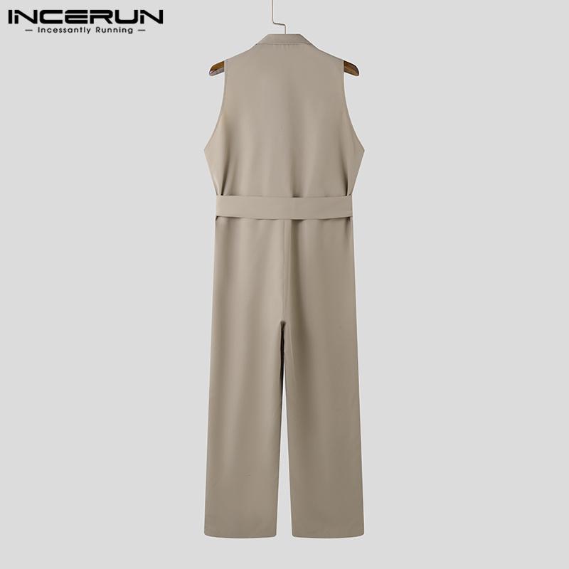 INCERUN Men Lapel V Neck Solid Color Jumpsuits Casual Zipper Long Rompers