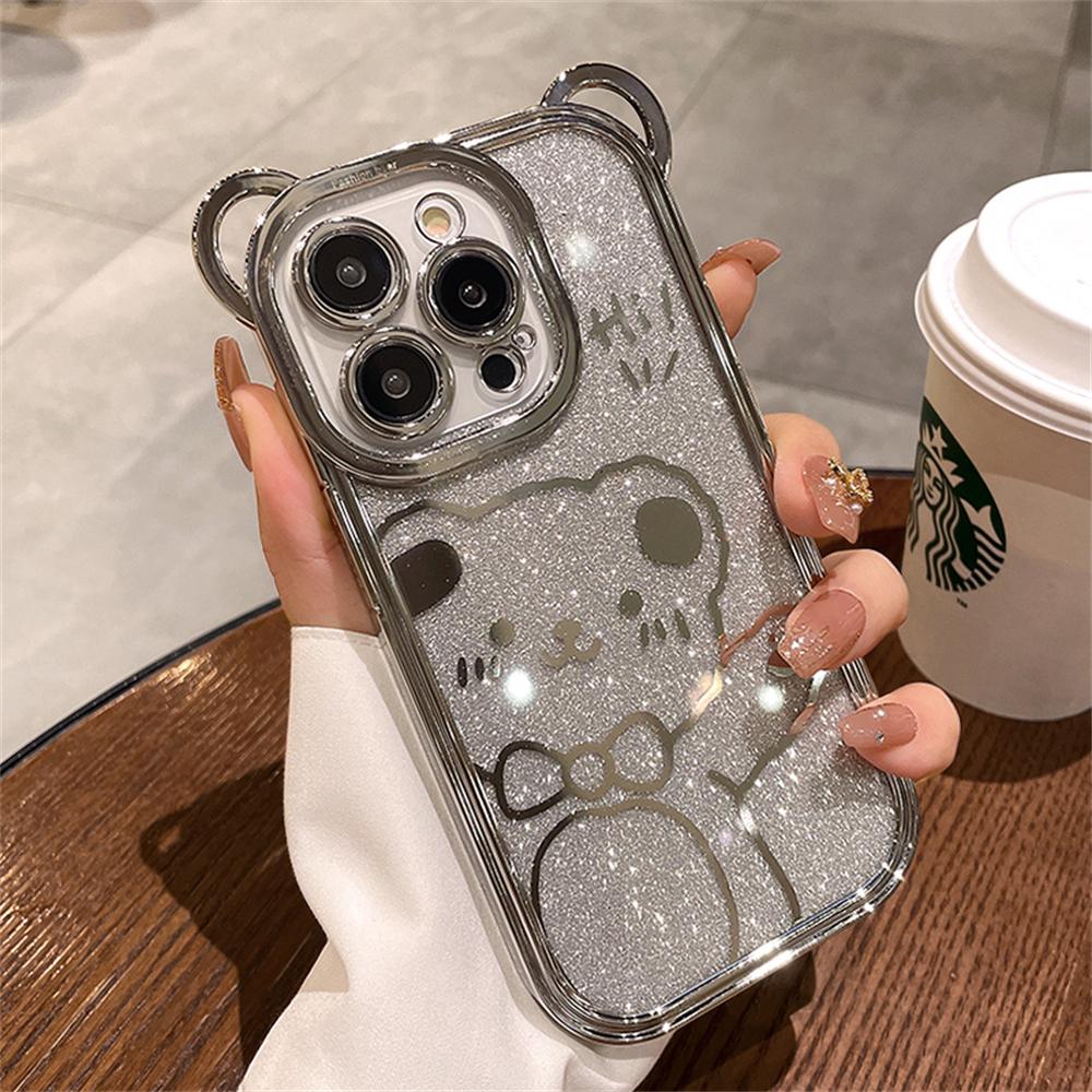 Cute 3d Cartoon Plating Bear Ear Glitter Transparent Case For Iphone 14 Pro Max 13 12 11 X Xs 8 7 Plus Armor Soft Silicone Cover
