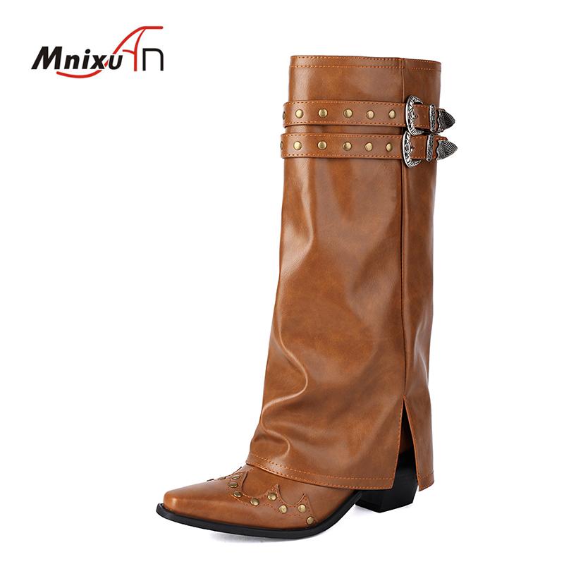 Autumn Winter New Skirt Boots Women's Square Toe Gothic Punk Rivet Knee High Pant Boots Slip On Chunky High Heels Western Boots