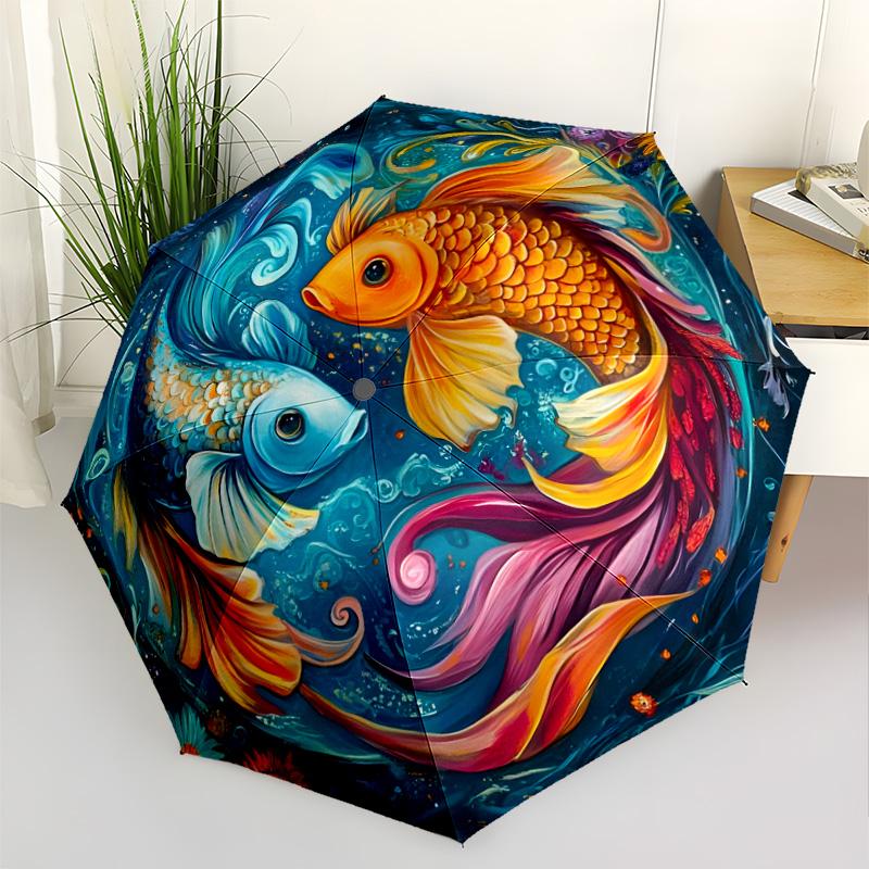 Koi Fish Lotus Flowers Automatic Umbrella with 8-Rib Foldable Design All-Season Use Fashionable Accessory Best for Christmas