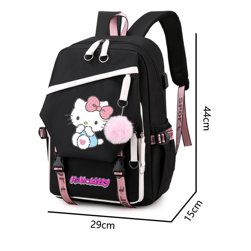 Kitty Cartoon School Backpack Teen Girls Kids Lightweight Oxford Fabric Bookbag With Padded Shoulder Straps 20-35L Capacity