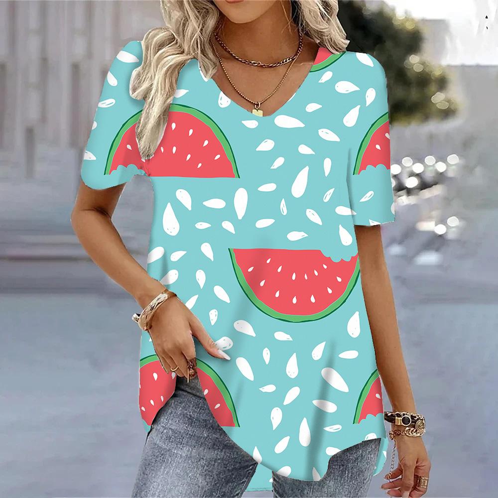 Женские футболки с v-образным вырезом и 3D принтом арбуза, летние крутые топы с короткими рукавами, модные повседневные свободные пуловеры, женские футболки